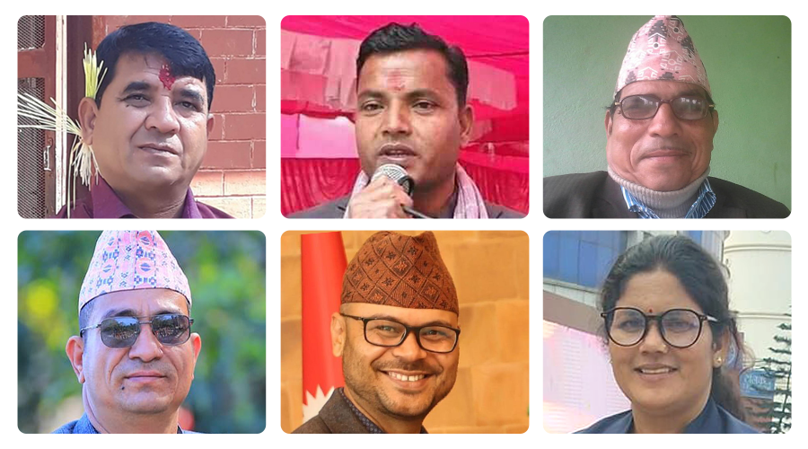 माथिल्लो लहरको बायाँबाट क्रमश: एमाले सांसदहरु सुरेन्द्रबहादुर पाल, वीरबहादुर थापा र हीरा सार्की । तल्लो लहरमा बायाँबाट क्रमश: माओवादी सांसदहरु अक्कलबहादुर रावल, ओमबिक्रम भाट र लक्ष्मी बिक ।